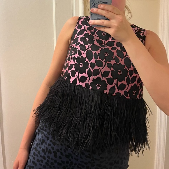 Kate Spade pink and black floral printed top with feather trim - Picture 1 of 6